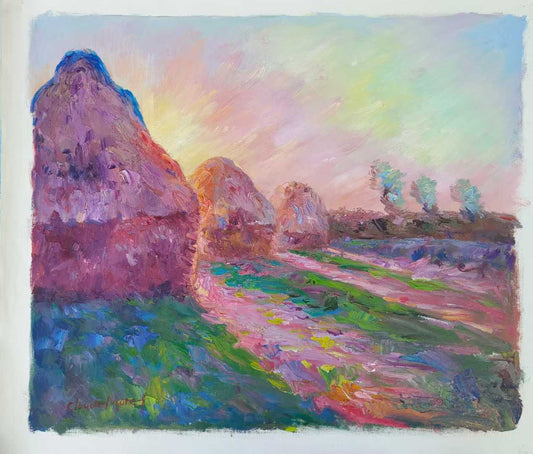 Paysage impressionniste à l’huile d’après image, meules au coucher du soleil